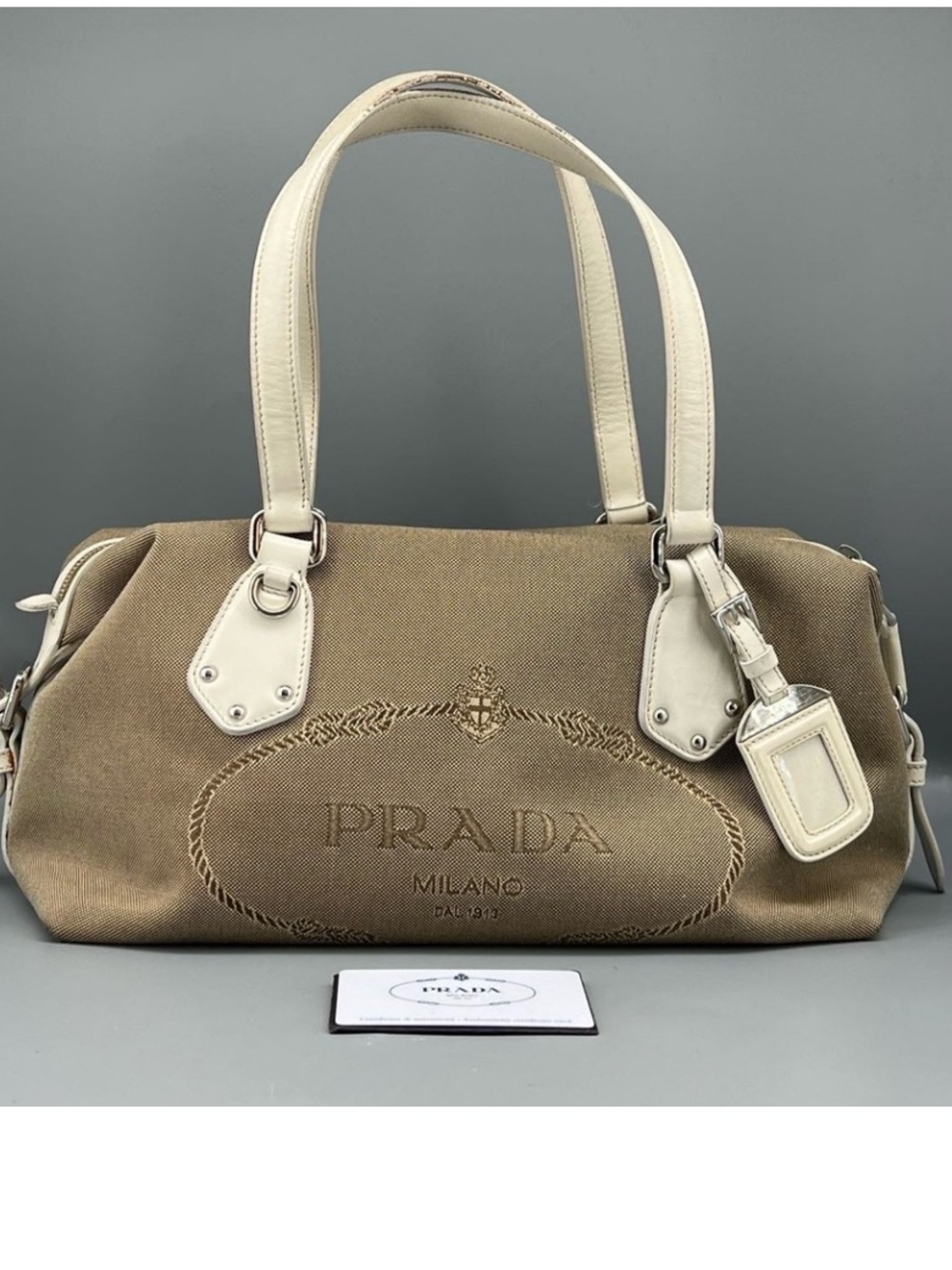 Prada Beige Canvas Shoulder Bag with Cream Leather Trim